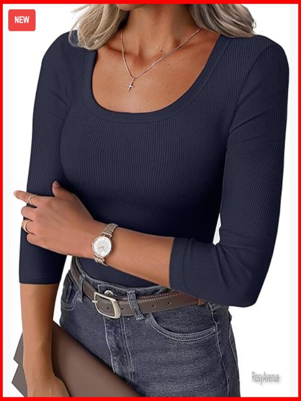 Women's 3/4 Sleeve Scoop Neck Ribbed Knit Slim Fit Casual Basic Tee